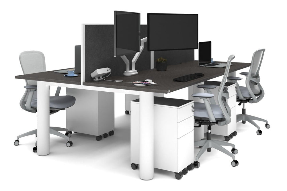 Quadro Cylinder Leg 4 Person Office Workstations [1400L x 800W with Cable Scallop]-white leg dark oak moody charcoal (500H x 1400W)