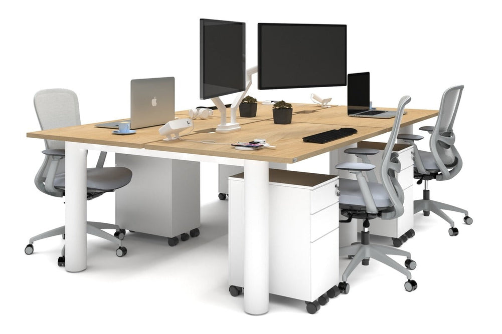 Quadro Cylinder Leg 4 Person Office Workstations [1400L x 800W with Cable Scallop]-white leg maple none