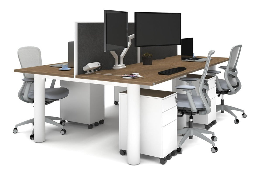 Quadro Cylinder Leg 4 Person Office Workstations [1400L x 800W with Cable Scallop]-white leg salvage oak moody charcoal (500H x 1400W)