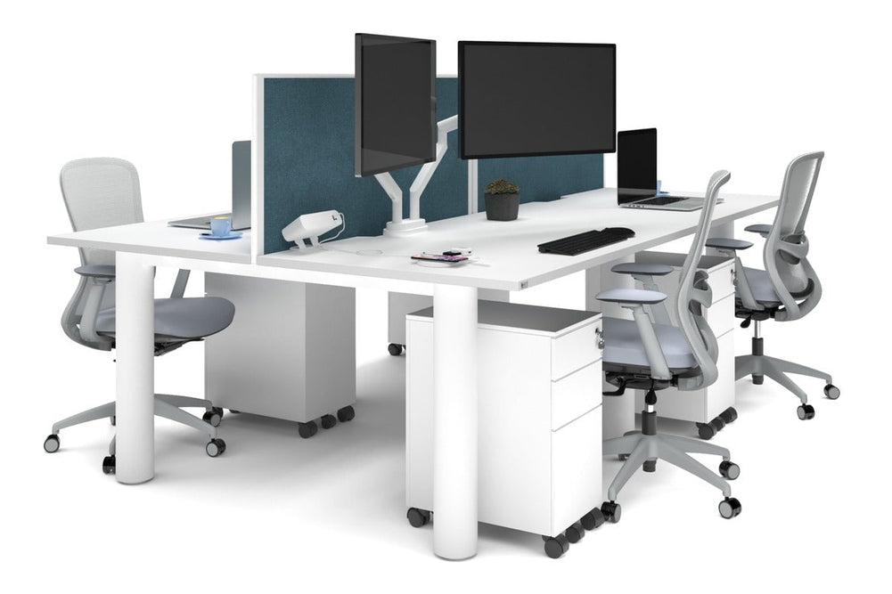 Quadro Cylinder Leg 4 Person Office Workstations [1400L x 800W with Cable Scallop]-white leg white deep blue (500H x 1400W)