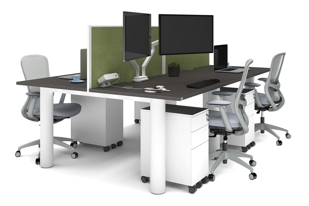 Quadro Cylinder Leg 4 Person Office Workstations [1400L x 800W with Cable Scallop]-white leg dark oak green moss (500H x 1400W)