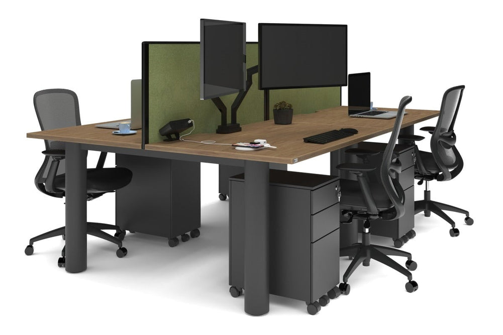 Quadro Cylinder Leg 4 Person Office Workstations [1400L x 800W with Cable Scallop]-black leg salvage oak green moss (500H x 1400W)