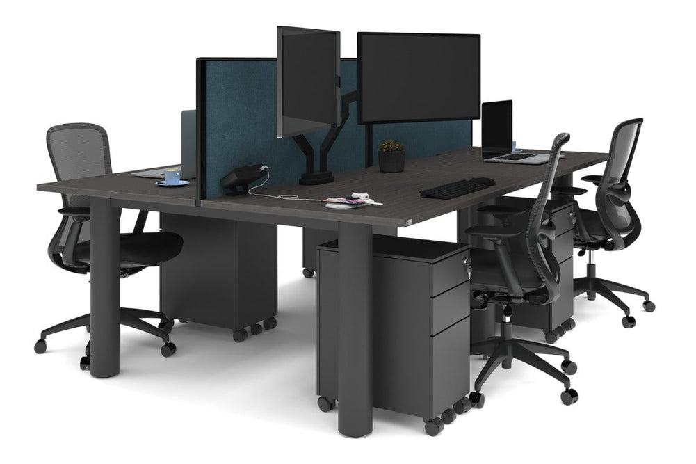 Quadro Cylinder Leg 4 Person Office Workstations [1400L x 800W with Cable Scallop]-black leg dark oak deep blue (500H x 1400W)