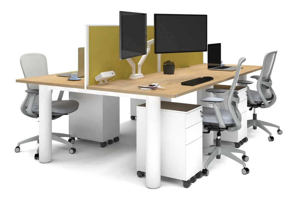 Quadro Cylinder Leg 4 Person Office Workstations [1400L x 800W with Cable Scallop]-white leg maple mustard yellow (500H x 1400W)