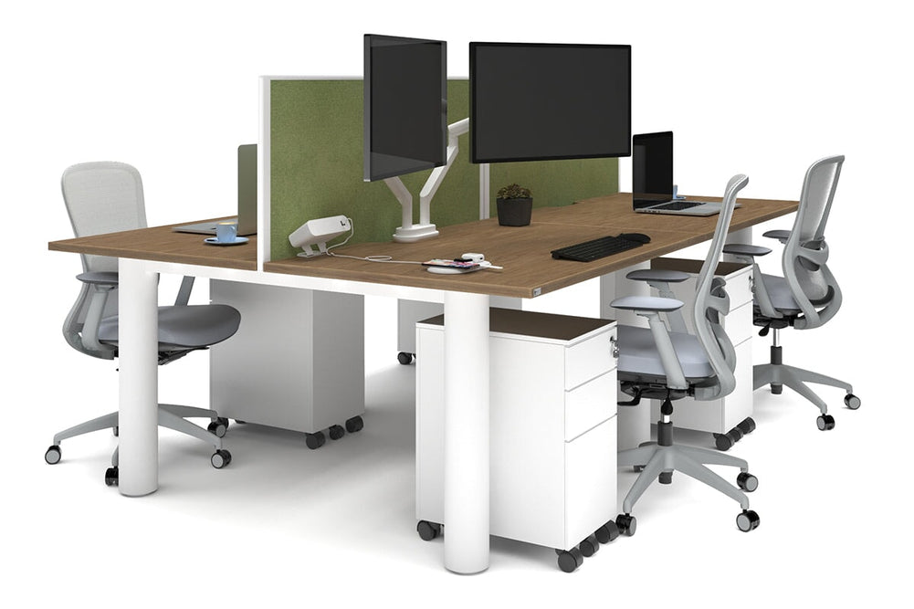 Quadro Cylinder Leg 4 Person Office Workstations [1400L x 800W with Cable Scallop]-white leg salvage oak green moss (500H x 1400W)