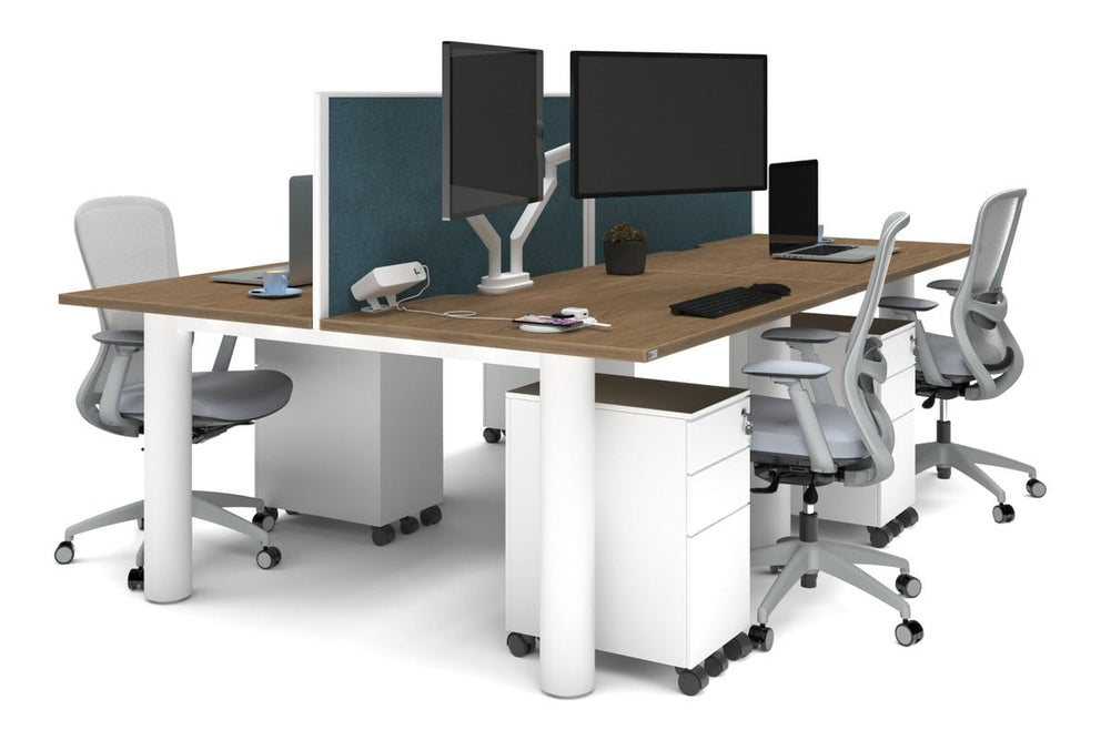 Quadro Cylinder Leg 4 Person Office Workstations [1400L x 800W with Cable Scallop]-white leg salvage oak deep blue (500H x 1400W)