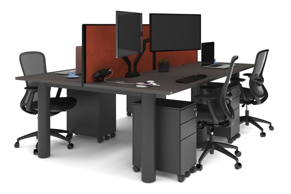 Quadro Cylinder Leg 4 Person Office Workstations [1400L x 800W with Cable Scallop]-black leg dark oak orange squash (500H x 1400W)