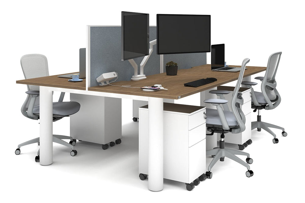 Quadro Cylinder Leg 4 Person Office Workstations [1400L x 800W with Cable Scallop]-white leg salvage oak cool grey (500H x 1400W)