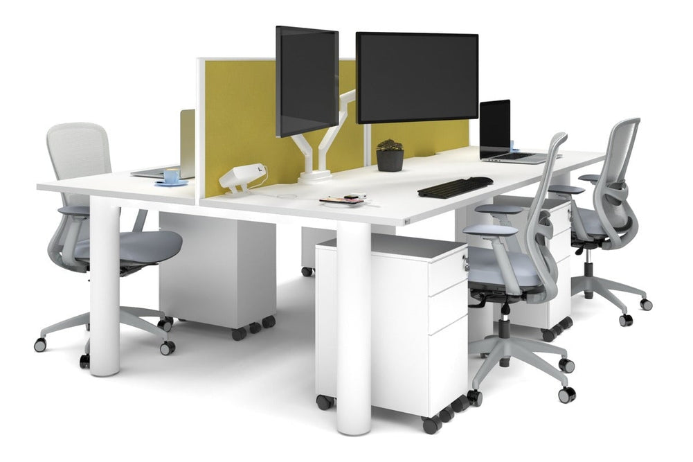 Quadro Cylinder Leg 4 Person Office Workstations [1400L x 800W with Cable Scallop]-white leg white mustard yellow (500H x 1400W)