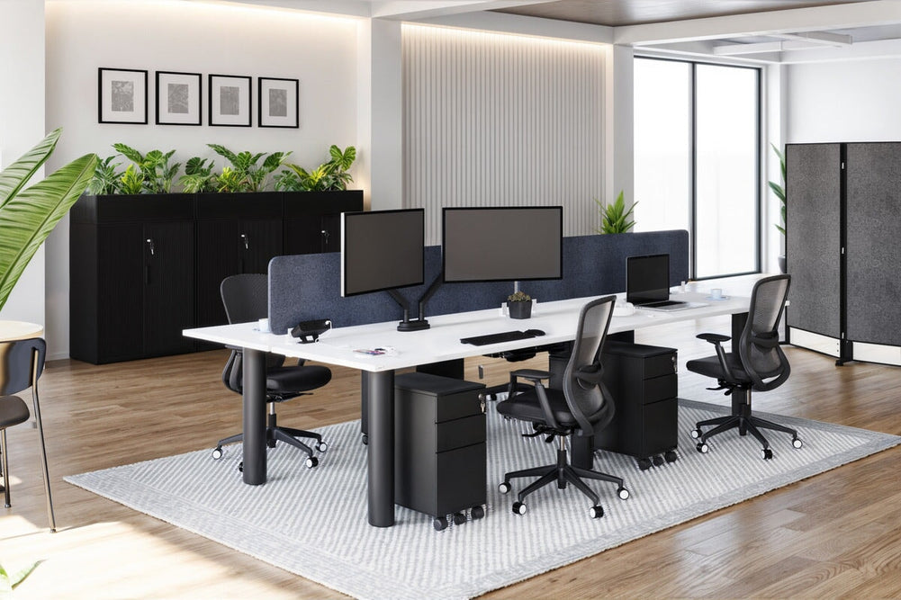 Quadro Cylinder Leg 4 Person Office Workstations [1400L x 800W with Cable Scallop]-black leg dark oak moody charcoal (500H x 1400W)