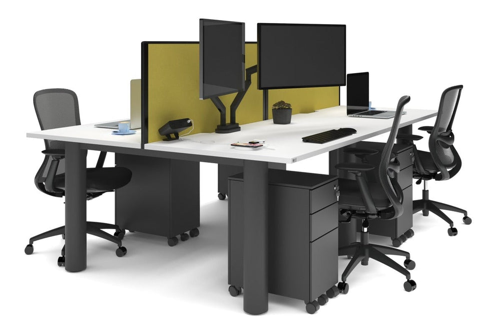 Quadro Cylinder Leg 4 Person Office Workstations [1400L x 800W with Cable Scallop]-black leg white mustard yellow (500H x 1400W)