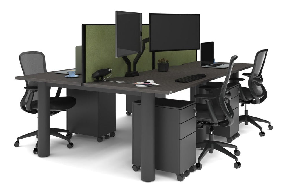 Quadro Cylinder Leg 4 Person Office Workstations [1400L x 800W with Cable Scallop]-black leg dark oak green moss (500H x 1400W)