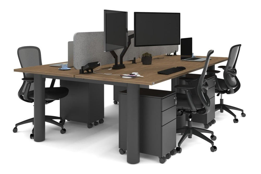 Quadro Cylinder Leg 4 Person Office Workstations [1400L x 800W with Cable Scallop]-black leg salvage oak light grey acoustic panel (400H x 1200W)