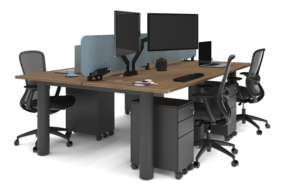 Quadro Cylinder Leg 4 Person Office Workstations [1400L x 800W with Cable Scallop]-black leg salvage oak blue acoustic panel (400H x 1200W)