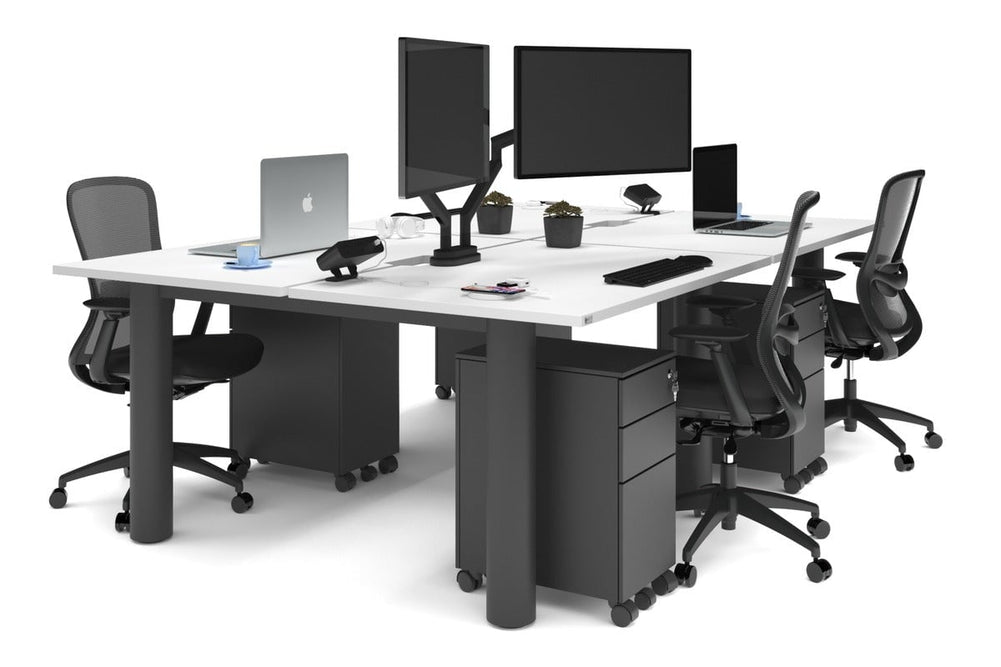 Quadro Cylinder Leg 4 Person Office Workstations [1400L x 800W with Cable Scallop]-black leg white none