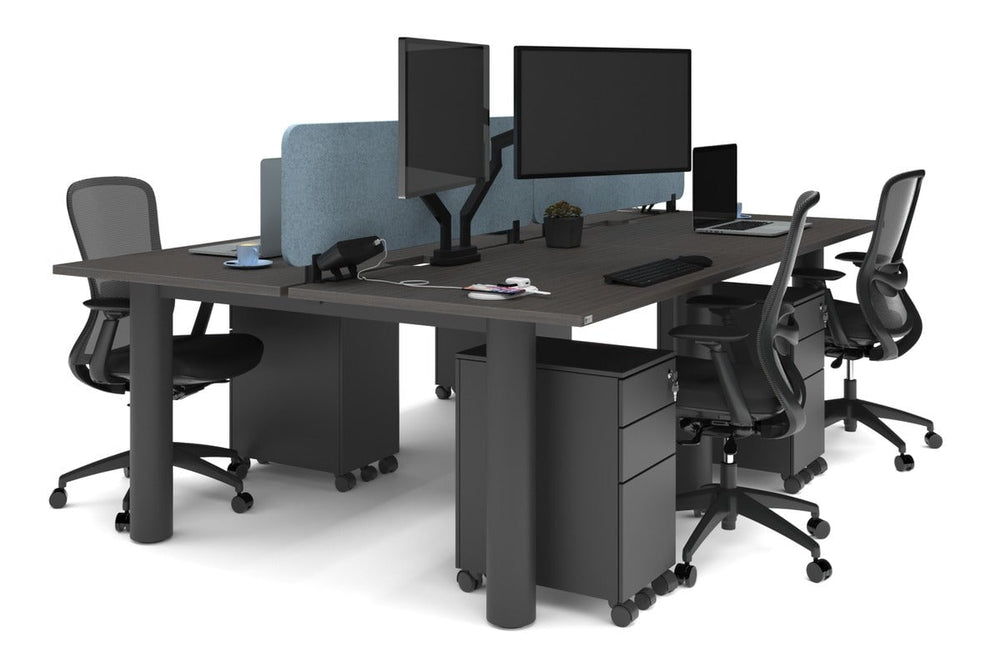 Quadro Cylinder Leg 4 Person Office Workstations [1400L x 800W with Cable Scallop]-black leg dark oak blue acoustic panel (400H x 1200W)
