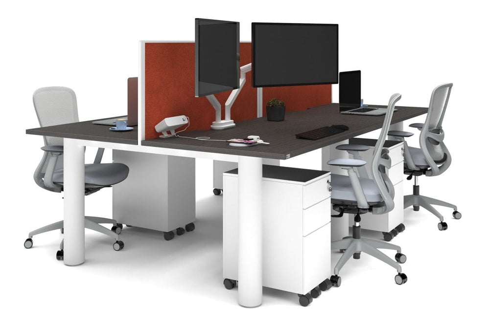Quadro Cylinder Leg 4 Person Office Workstations [1400L x 800W with Cable Scallop]-white leg dark oak orange squash (500H x 1400W)
