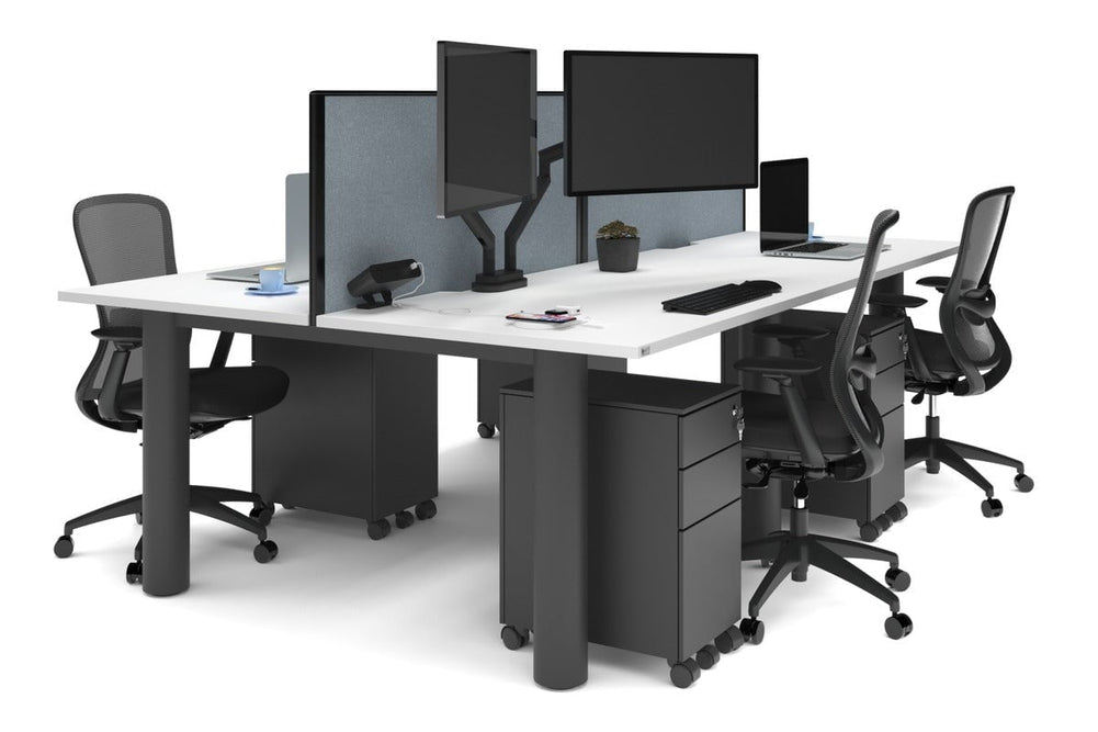 Quadro Cylinder Leg 4 Person Office Workstations [1400L x 800W with Cable Scallop]-black leg white cool grey (500H x 1400W)