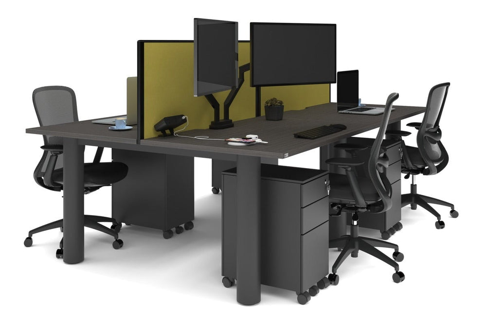 Quadro Cylinder Leg 4 Person Office Workstations [1400L x 800W with Cable Scallop]-black leg dark oak mustard yellow (500H x 1400W)