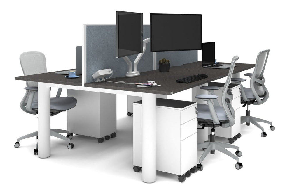 Quadro Cylinder Leg 4 Person Office Workstations [1400L x 800W with Cable Scallop]-white leg dark oak cool grey (500H x 1400W)