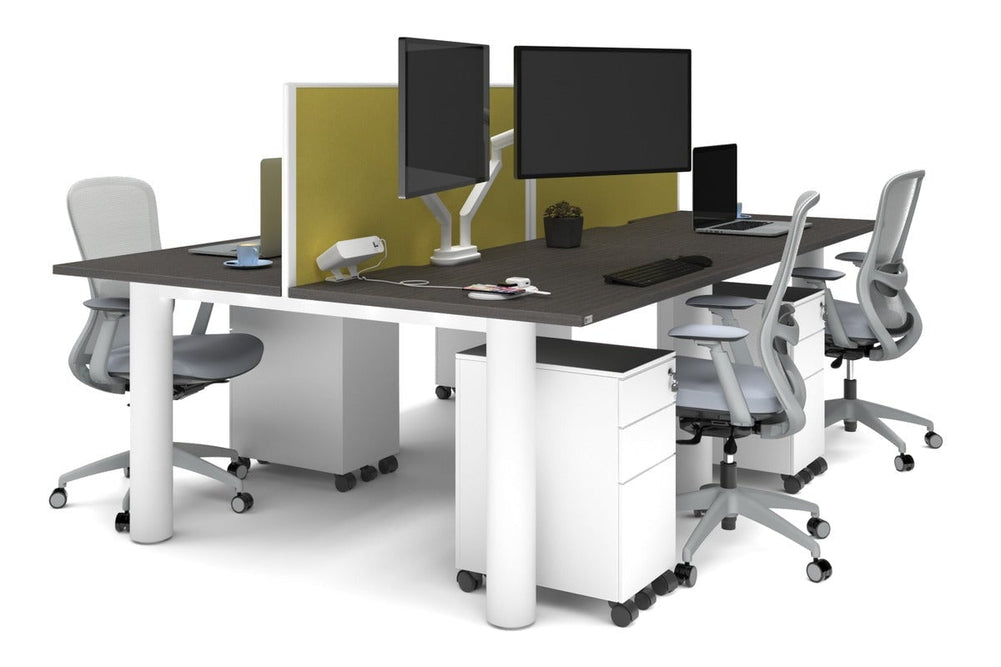 Quadro Cylinder Leg 4 Person Office Workstations [1400L x 800W with Cable Scallop]-white leg dark oak mustard yellow (500H x 1400W)