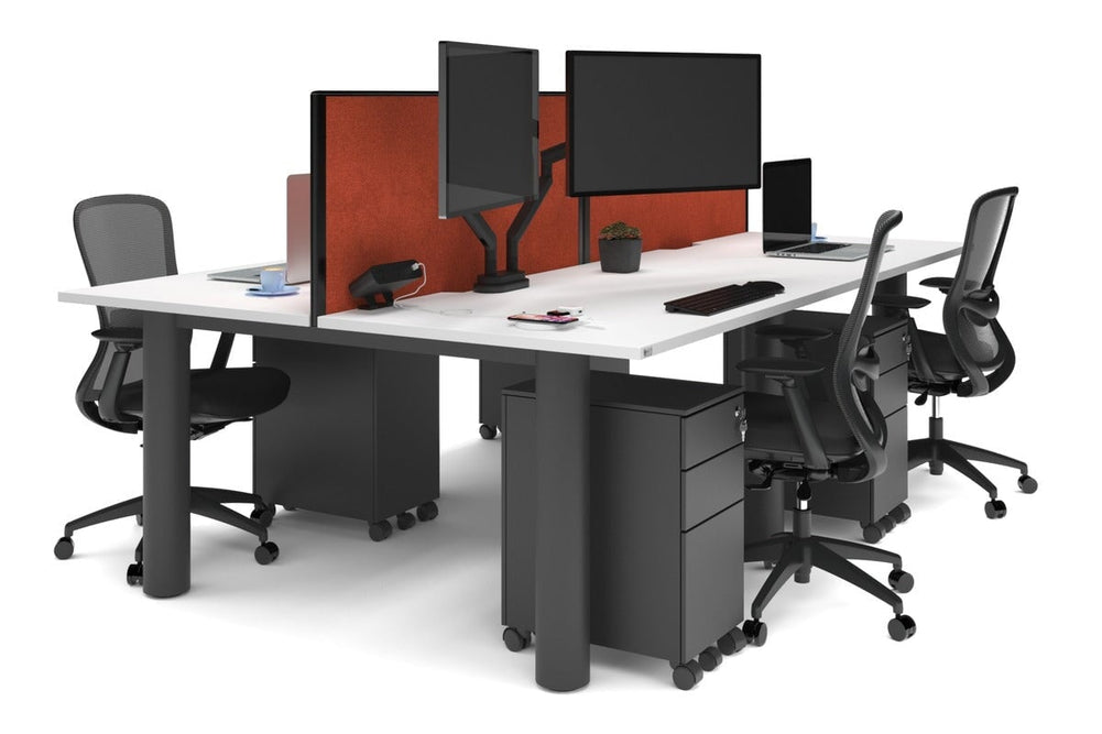Quadro Cylinder Leg 4 Person Office Workstations [1400L x 800W with Cable Scallop]-black leg white orange squash (500H x 1400W)