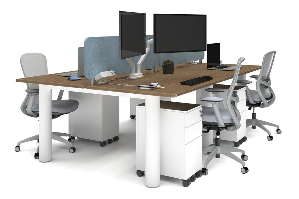 Quadro Cylinder Leg 4 Person Office Workstations [1400L x 800W with Cable Scallop]-white leg salvage oak blue acoustic panel (400H x 1200W)