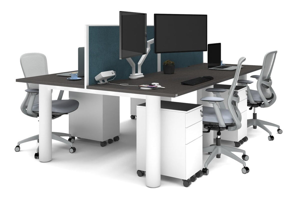 Quadro Cylinder Leg 4 Person Office Workstations [1400L x 800W with Cable Scallop]-white leg dark oak deep blue (500H x 1400W)
