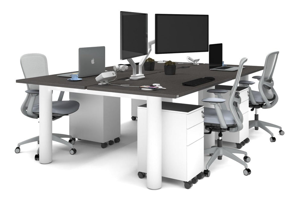 Quadro Cylinder Leg 4 Person Office Workstations [1400L x 800W with Cable Scallop]-white leg dark oak none