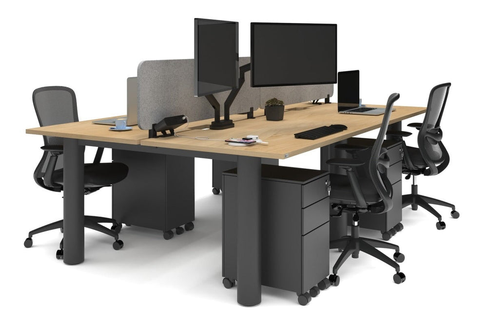 Quadro Cylinder Leg 4 Person Office Workstations [1400L x 800W with Cable Scallop]-black leg maple light grey acoustic panel (400H x 1200W)
