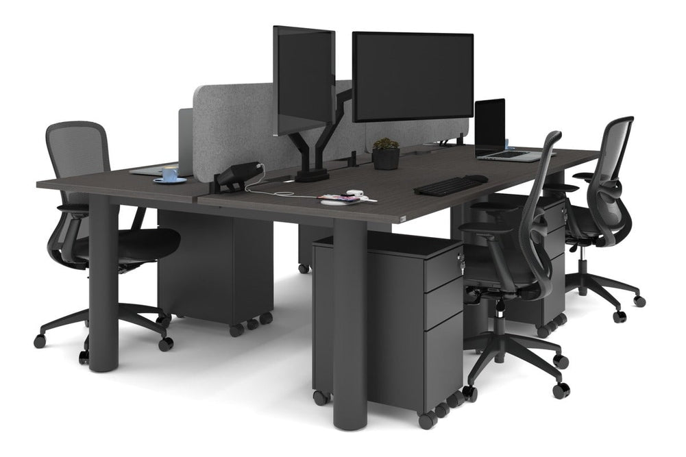 Quadro Cylinder Leg 4 Person Office Workstations [1400L x 800W with Cable Scallop]-black leg dark oak light grey acoustic panel (400H x 1200W)