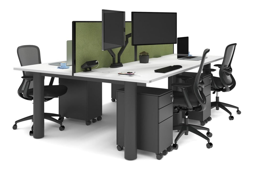 Quadro Cylinder Leg 4 Person Office Workstations [1400L x 800W with Cable Scallop]-black leg white green moss (500H x 1400W)