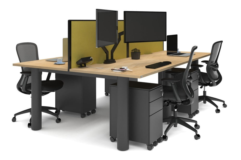 Quadro Cylinder Leg 4 Person Office Workstations [1400L x 800W with Cable Scallop]-black leg maple mustard yellow (500H x 1400W)