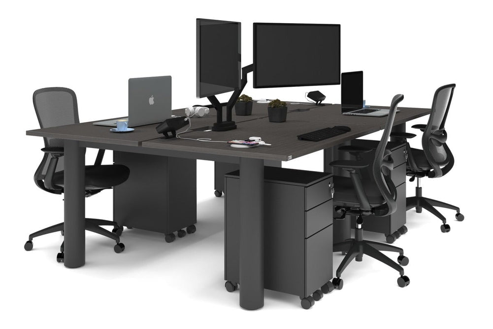 Quadro Cylinder Leg 4 Person Office Workstations [1400L x 800W with Cable Scallop]-black leg dark oak none