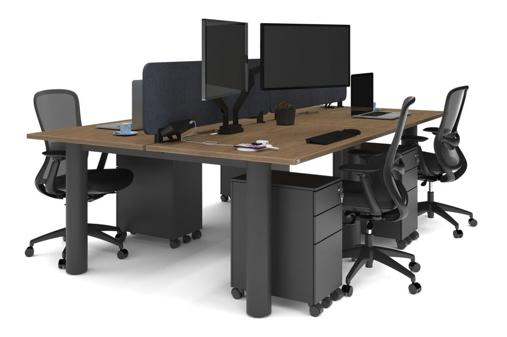 Quadro Cylinder Leg 4 Person Office Workstations [1400L x 800W with Cable Scallop]-black leg salvage oak dark grey acoustic panel (400H x 1200W)