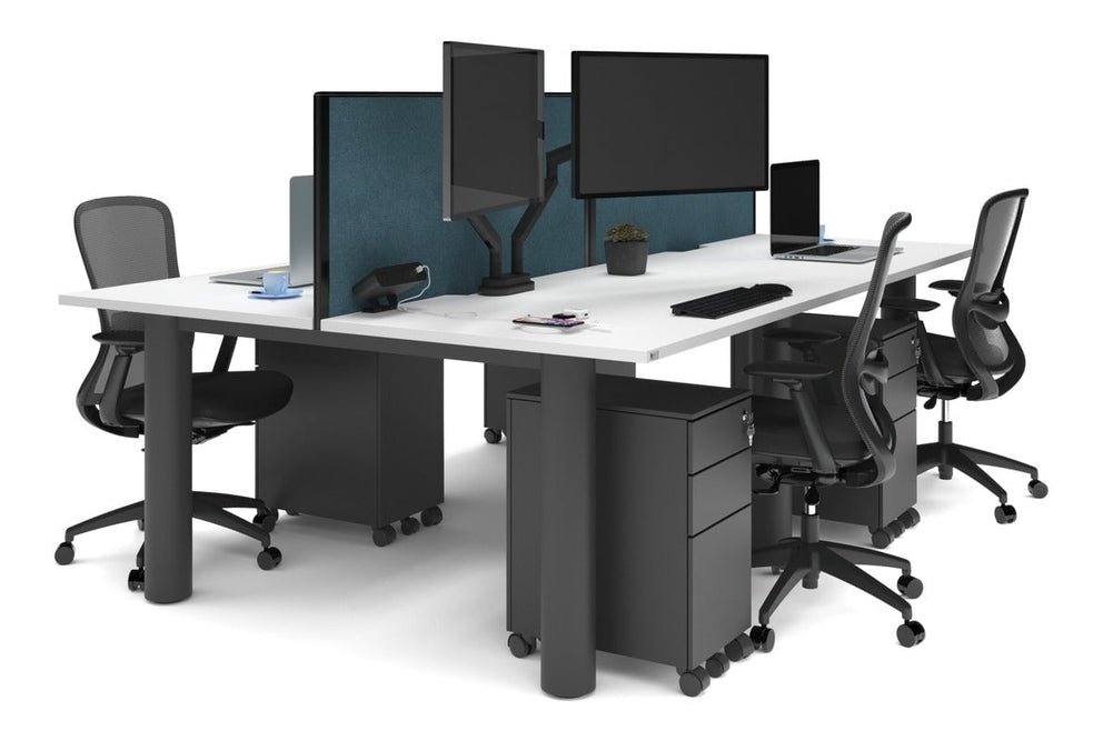 Quadro Cylinder Leg 4 Person Office Workstations [1400L x 800W with Cable Scallop]-black leg white deep blue (500H x 1400W)