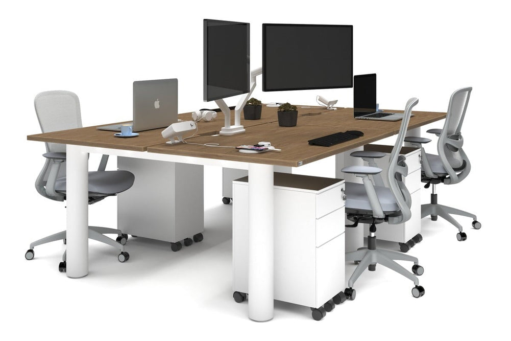 Quadro Cylinder Leg 4 Person Office Workstations [1400L x 800W with Cable Scallop]-white leg salvage oak none