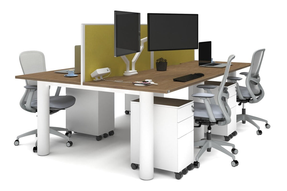 Quadro Cylinder Leg 4 Person Office Workstations [1400L x 800W with Cable Scallop]-white leg salvage oak mustard yellow (500H x 1400W)