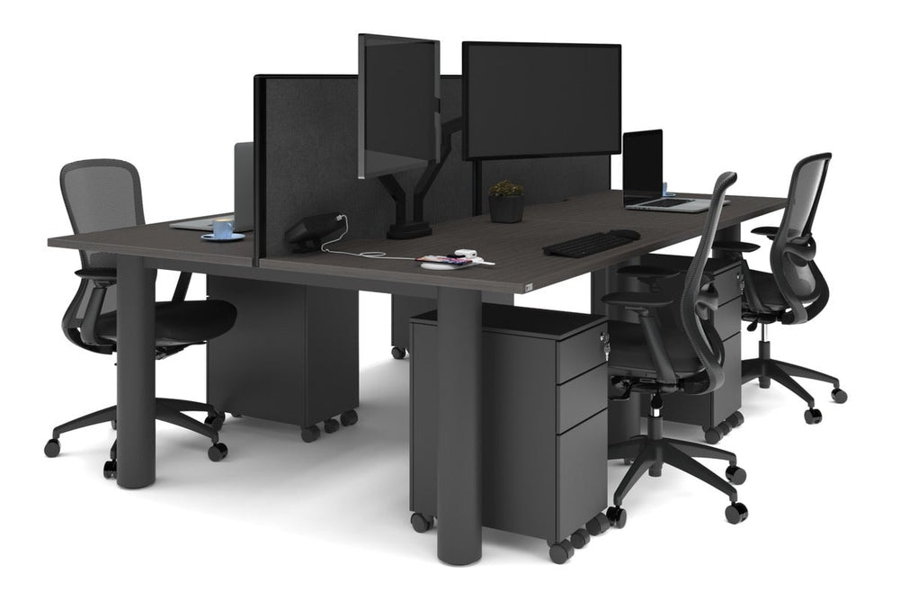 Quadro Cylinder Leg 4 Person Office Workstations [1400L x 800W with Cable Scallop]-black leg dark oak moody charcoal (500H x 1400W)