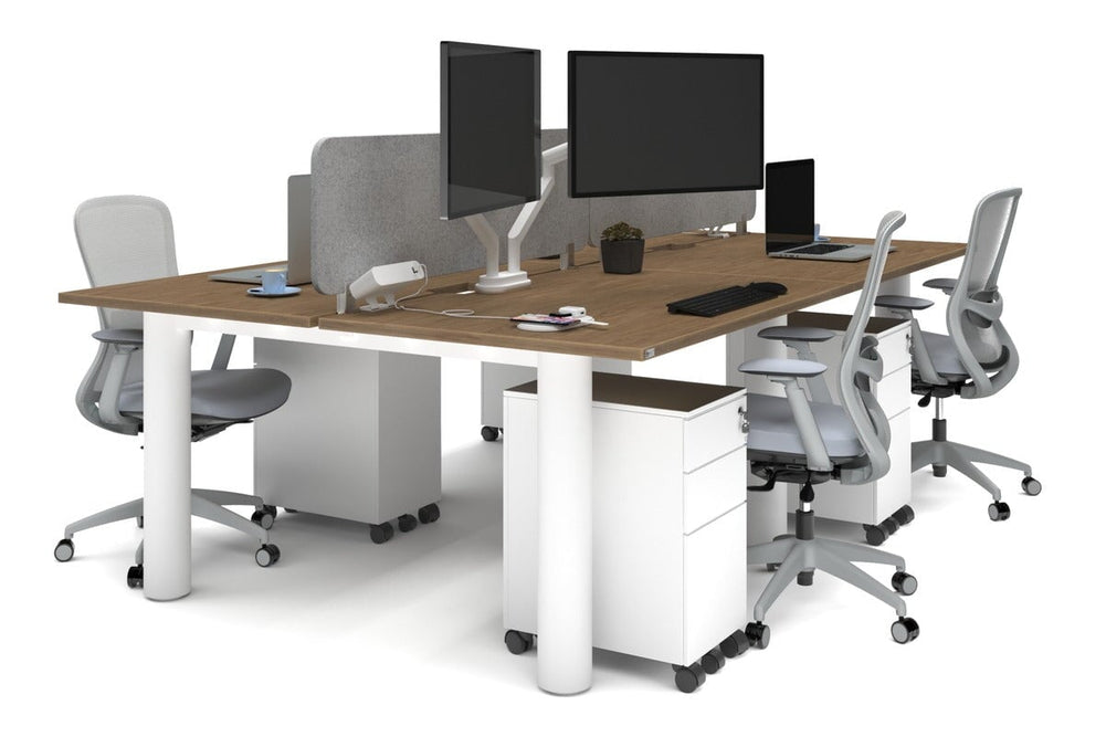Quadro Cylinder Leg 4 Person Office Workstations [1400L x 800W with Cable Scallop]-white leg salvage oak light grey acoustic panel (400H x 1200W)