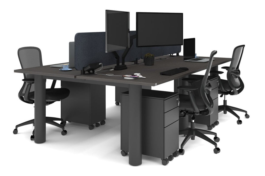 Quadro Cylinder Leg 4 Person Office Workstations [1400L x 800W with Cable Scallop]-black leg dark oak dark grey acoustic panel (400H x 1200W)
