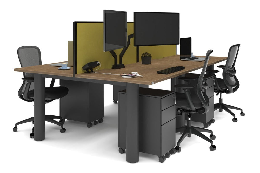 Quadro Cylinder Leg 4 Person Office Workstations [1400L x 800W with Cable Scallop]-black leg salvage oak mustard yellow (500H x 1400W)