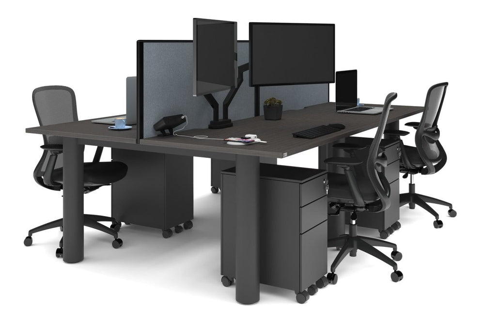 Quadro Cylinder Leg 4 Person Office Workstations [1400L x 800W with Cable Scallop]-black leg dark oak cool grey (500H x 1400W)