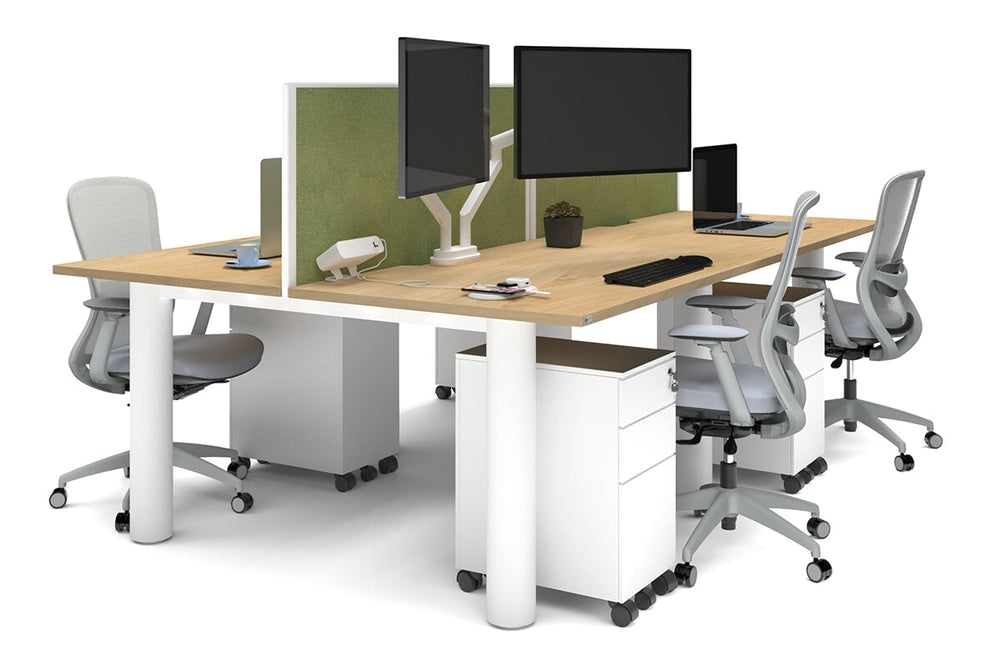 Quadro Cylinder Leg 4 Person Office Workstations [1400L x 800W with Cable Scallop]-white leg maple green moss (500H x 1400W)