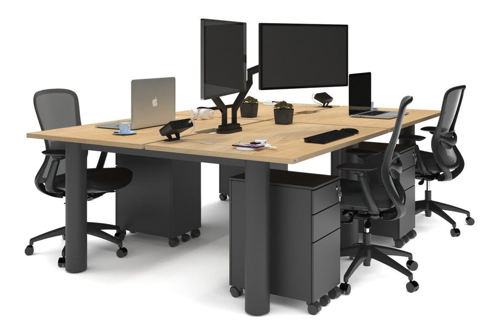 Quadro Cylinder Leg 4 Person Office Workstations [1400L x 800W with Cable Scallop]-black leg maple none