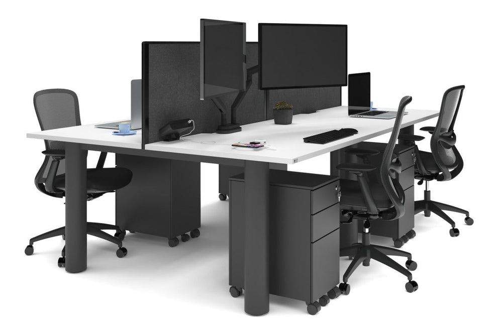 Quadro Cylinder Leg 4 Person Office Workstations [1400L x 800W with Cable Scallop]-black leg white moody charcoal (500H x 1400W)