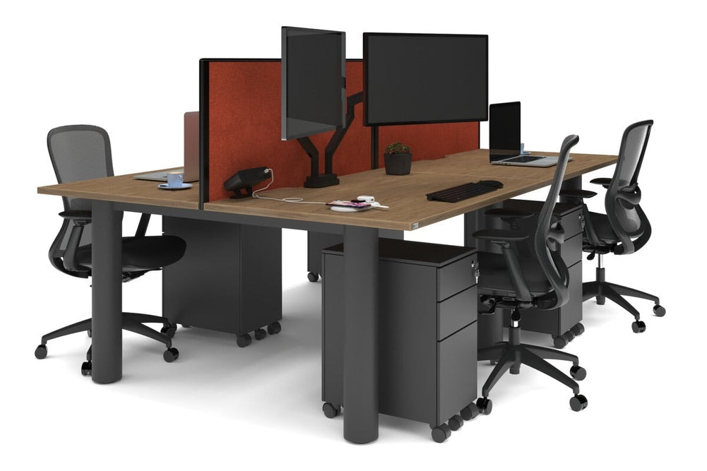 Quadro Cylinder Leg 4 Person Office Workstations [1400L x 800W with Cable Scallop]-black leg salvage oak orange squash (500H x 1400W)