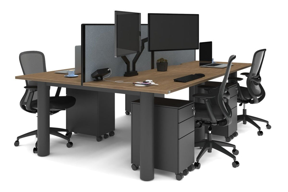 Quadro Cylinder Leg 4 Person Office Workstations [1400L x 800W with Cable Scallop]-black leg salvage oak cool grey (500H x 1400W)
