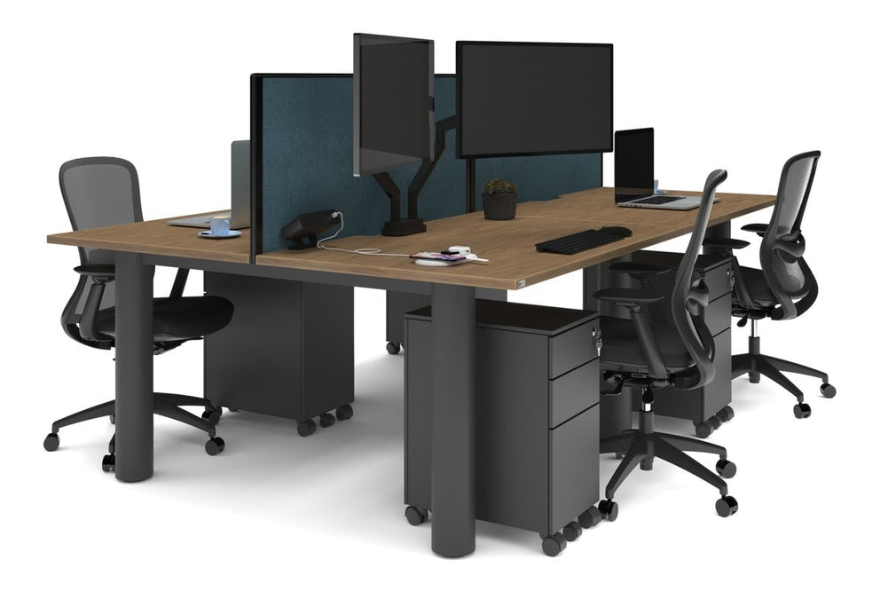 Quadro Cylinder Leg 4 Person Office Workstations [1400L x 800W with Cable Scallop]-black leg salvage oak deep blue (500H x 1400W)