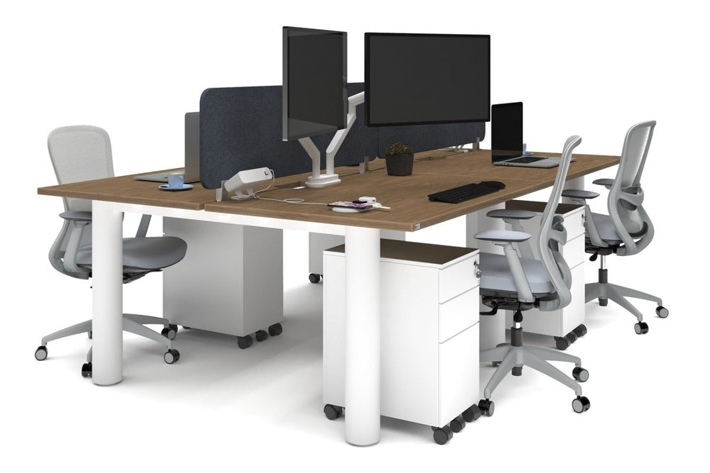 Quadro Cylinder Leg 4 Person Office Workstations [1400L x 800W with Cable Scallop]-white leg salvage oak dark grey acoustic panel (400H x 1200W)